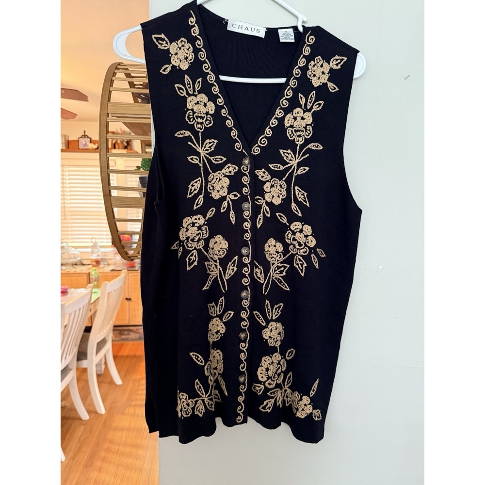 Vintage 90s Floral‎ Embroidered Vest Womens S Black Gold Cottage Witchy Fairy